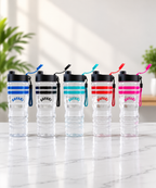 Collection of 1000ml BPA-Free reusable flipper water bottles in multiple colours