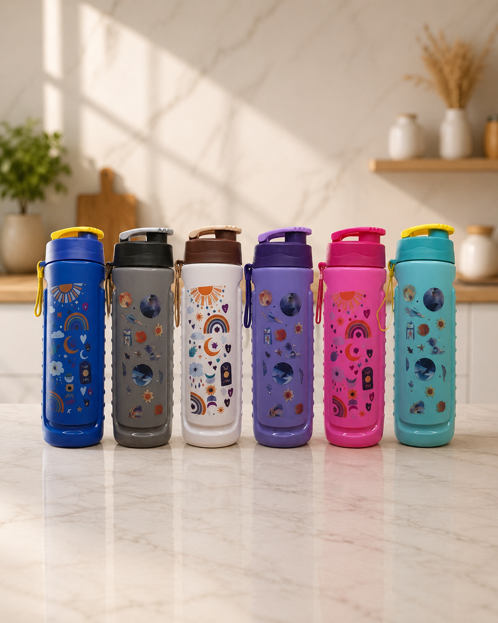 Collection of 750ml BPA-Free reusable rainbow water bottles in multiple colours