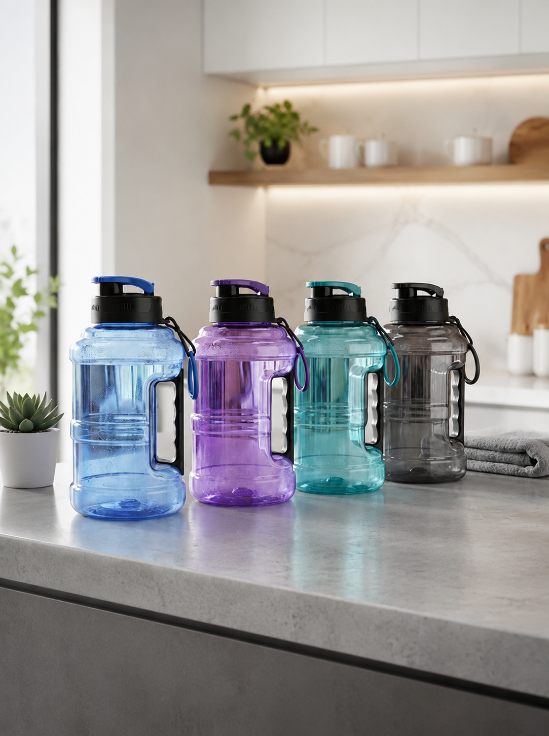 Collection of 1250ml BPA-Free reusable sports water bottles in multiple colours