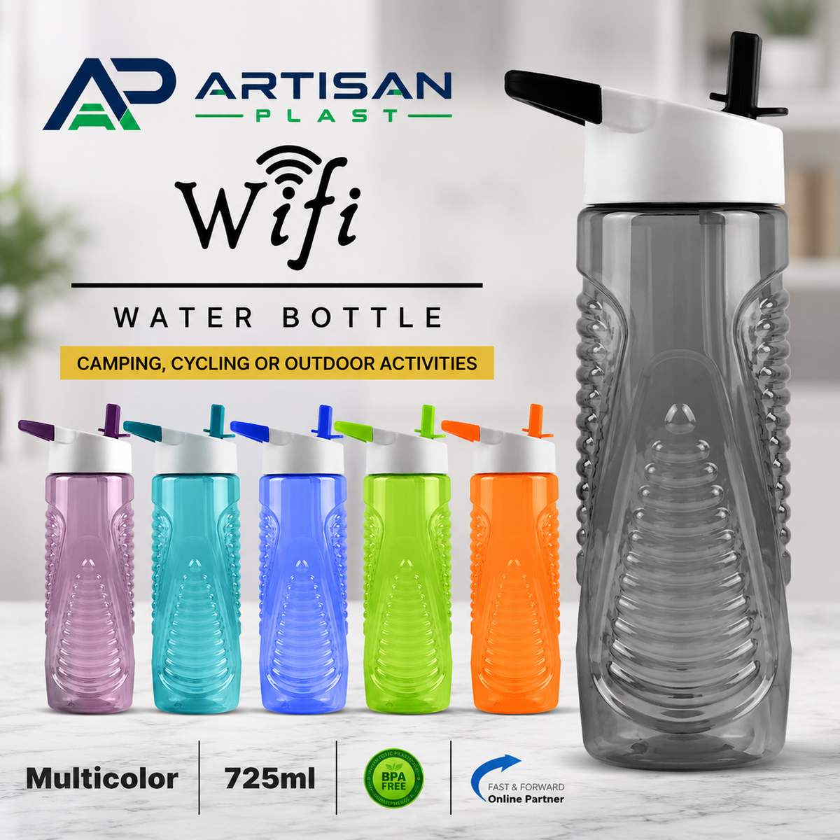 Collection of 725ml BPA-Free reusable wifi water bottles in multiple colours