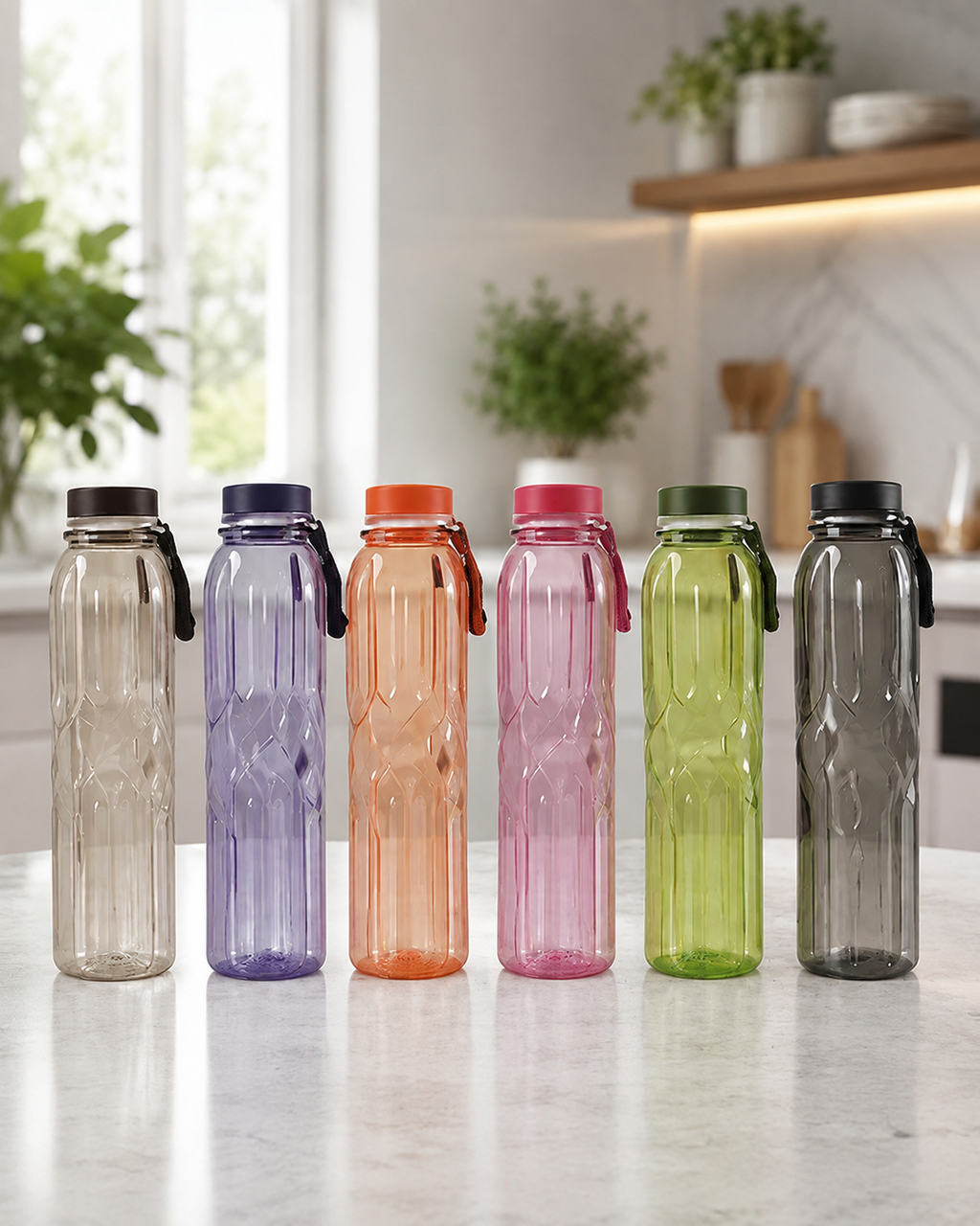 Collection of 1150ml BPA-Free reusable zig zag water bottles in multiple colours